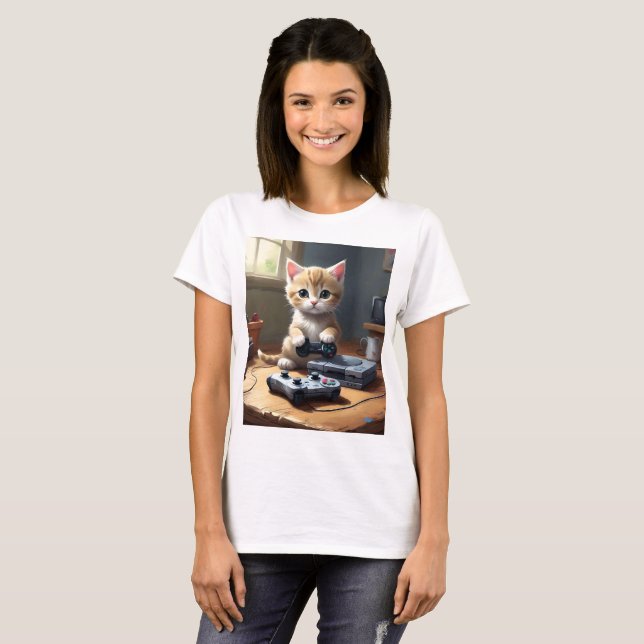 "Pixel Tassar: Gamer Kitten in action" T Shirt (Hel framsida)