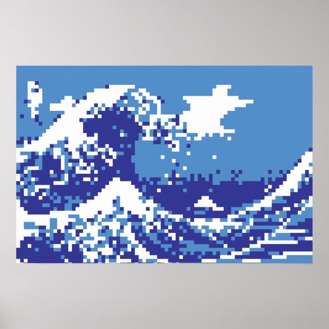 Pixel Tsunami Blå 8 Bit Pixel Art Poster (Framsidan)