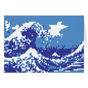 Pixel Tsunami Blue 8 Bit Pixel Art Greeting Card Hälsningskort