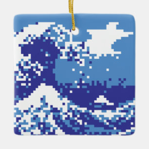 Pixel Tsunami Blue 8 Bit Pixel Art Julgransprydnad Keramik