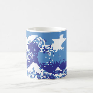 Pixel Tsunami Blue 8 Bit Pixel Art Kaffemugg
