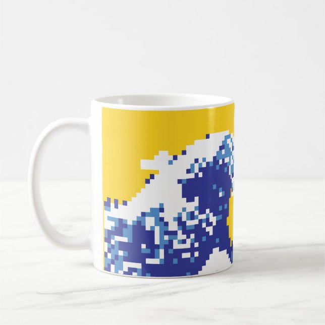 Pixel Tsunami Blue 8 Bit Pixel Art Kaffemugg (Vänster)