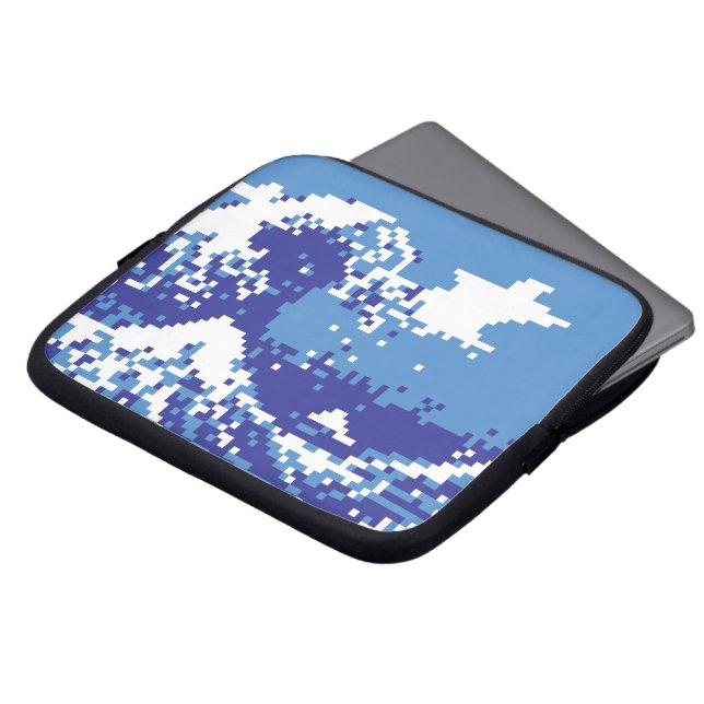Pixel Tsunami Blue 8 Bit Pixel Art Laptop Sleeve (Framsida topp)