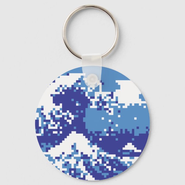 Pixel Tsunami Blue 8 Bit Pixel Art Nyckelring (Framsida)