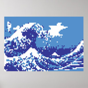 Pixel Tsunami Blue 8 Bit Pixel Art Poster