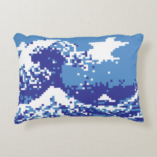 Pixel Tsunami Blue 8 Bit Pixel Art Prydnadskudde