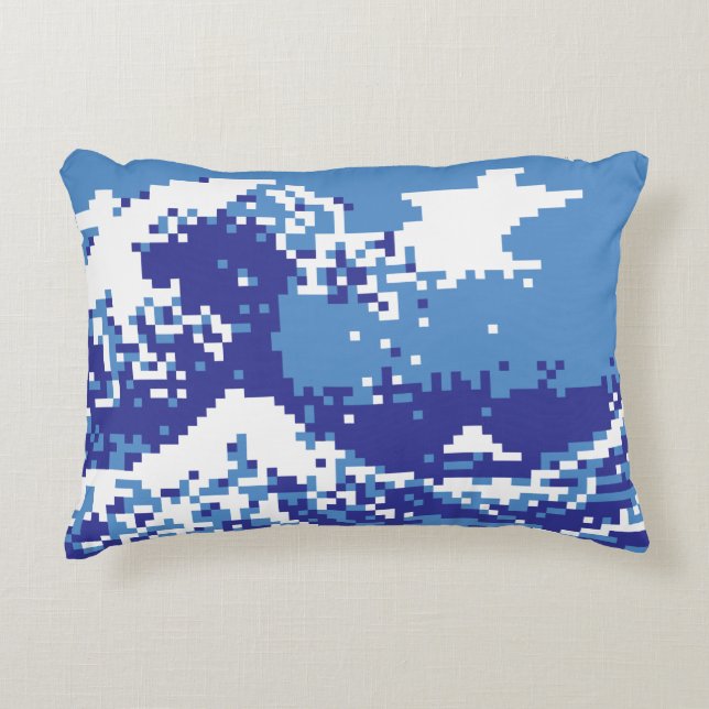 Pixel Tsunami Blue 8 Bit Pixel Art Prydnadskudde (Framsidan)