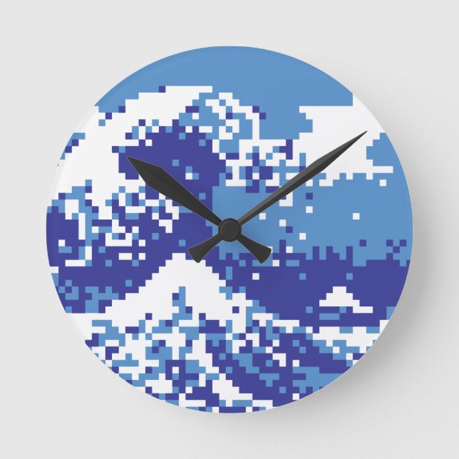 Pixel Tsunami Blue 8 Bit Pixel Art Rund Klocka (Framsida)