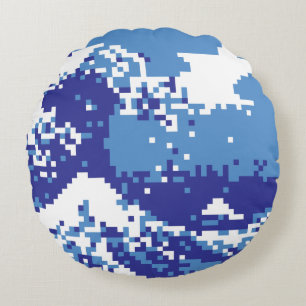 Pixel Tsunami Blue 8 Bit Pixel Art Rund Kudde