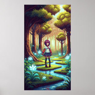 Pixelanimerad flicka i en tät skog poster