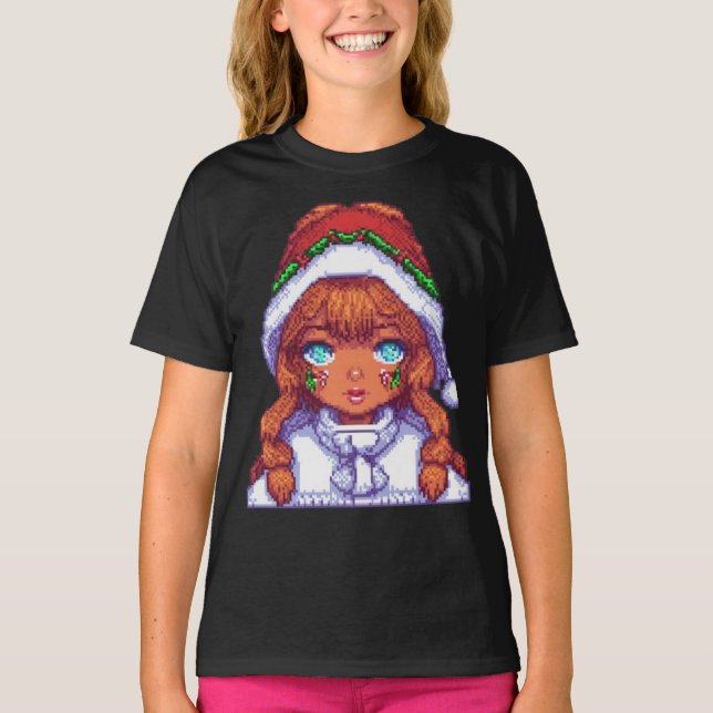 Pixelart-flicka med julhatt t shirt (Framsida)