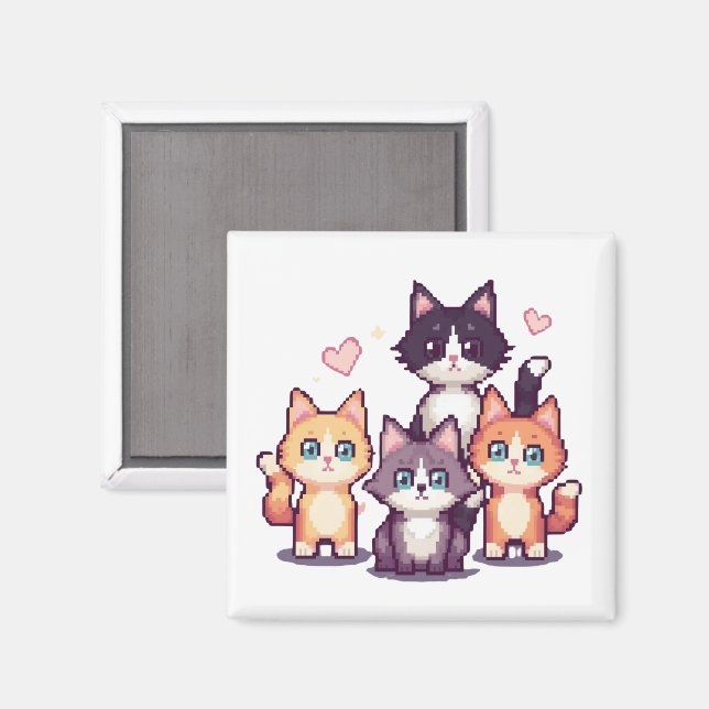 Pixelartade Färgglada Katter Vita Magnet (Front/Back)