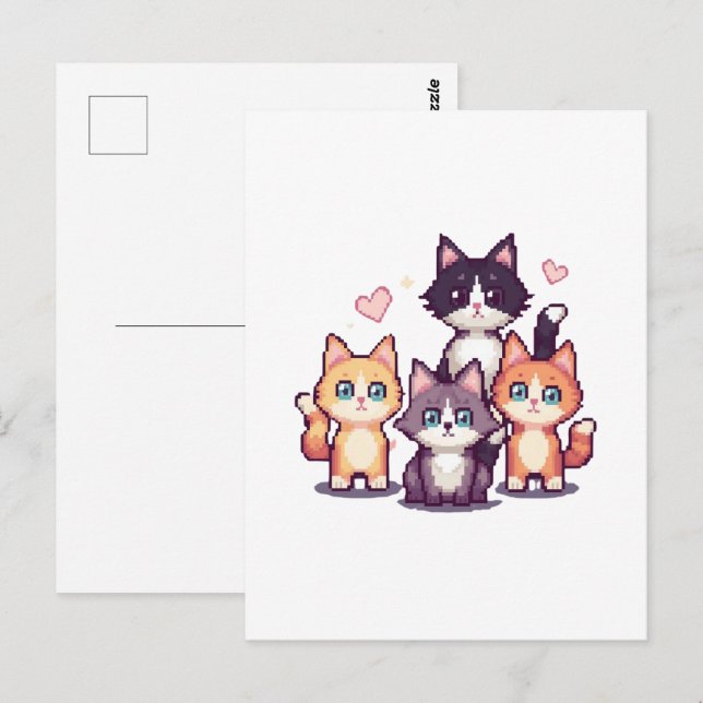 Pixelartade Färgglada Katter Vita Vykort (Fram/baksida)