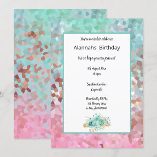 Pixelated Dream Aqua Blommigt Birthday Inbjudningar