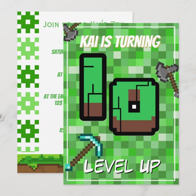 Pixelated Gamer Grön Level Up 10-årsdag Inbjudningar (Fram/baksida)