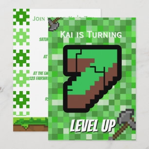Pixelated Gamer Grön Level Up 7-årsdag Inbjudningar