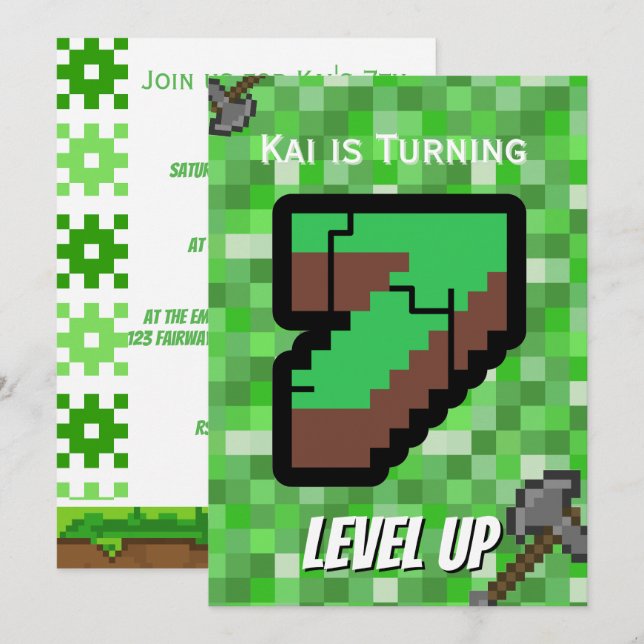 Pixelated Gamer Grön Level Up 7-årsdag Inbjudningar (Fram/baksida)