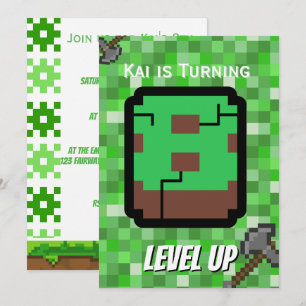 Pixelated Gamer Grön Level Up 8-årsdag Inbjudningar