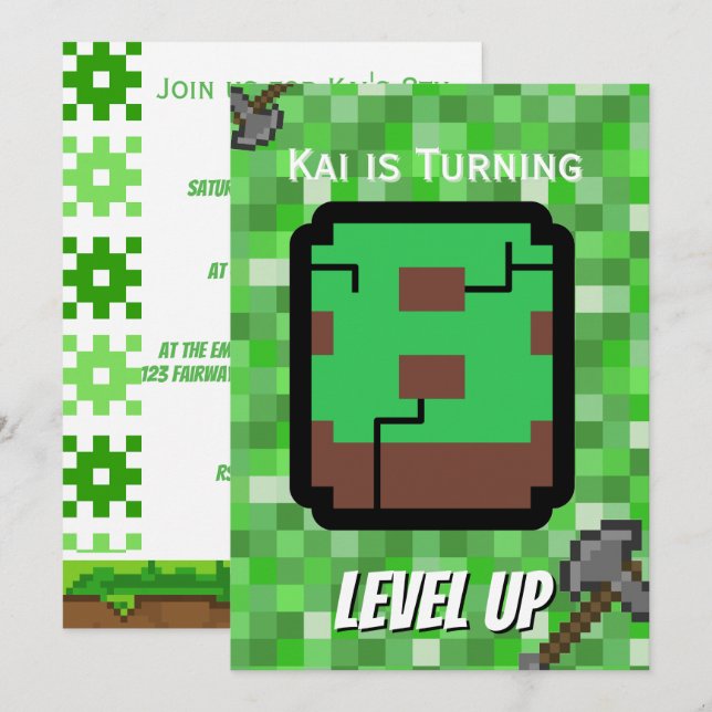 Pixelated Gamer Grön Level Up 8-årsdag Inbjudningar (Fram/baksida)