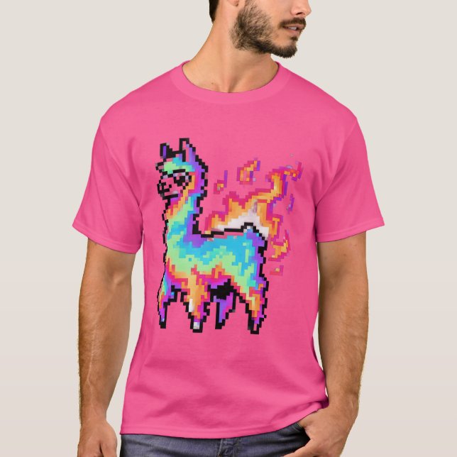 Pixelated Neon Llama T Shirt (Framsida)