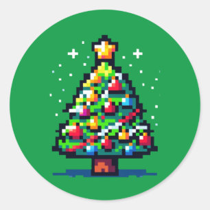 Pixelerad Festivity: 8-bit Julgran-design Runt Klistermärke
