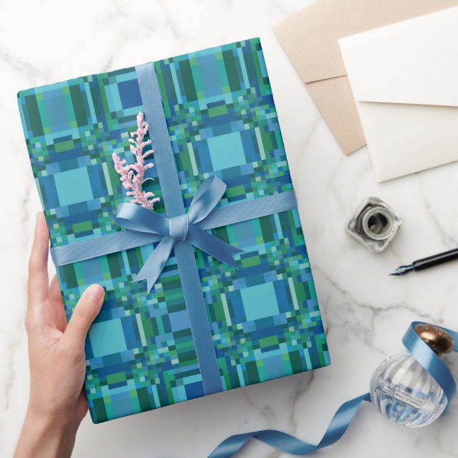 Pixelerad geometrisk blå Grönt Presentpapper (Gifting)