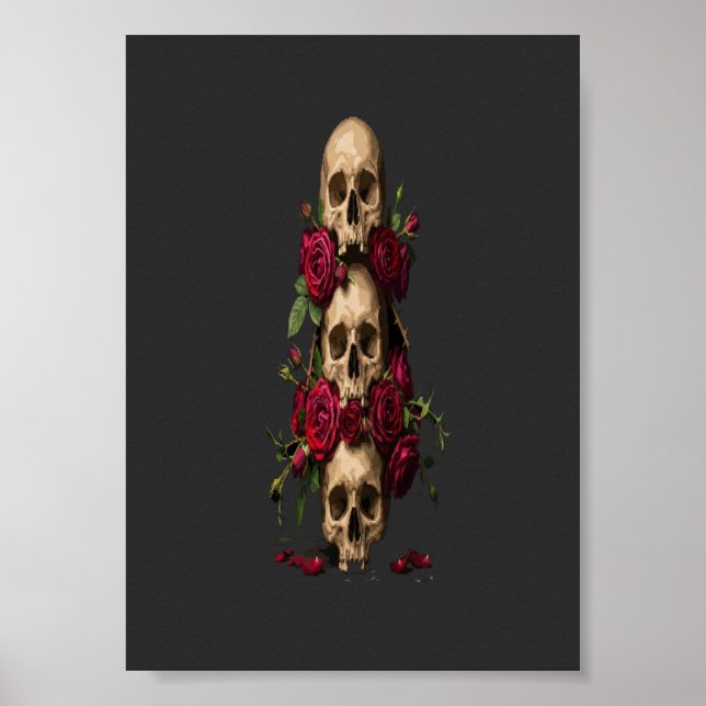 Pixelgotiska Dödskallar Röda Rosor Mörk Fantasy Il Poster (Framsidan)