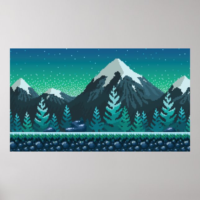 Pixelgrafik - sömlös bakgrund. Plats med snöhög Poster (Framsidan)