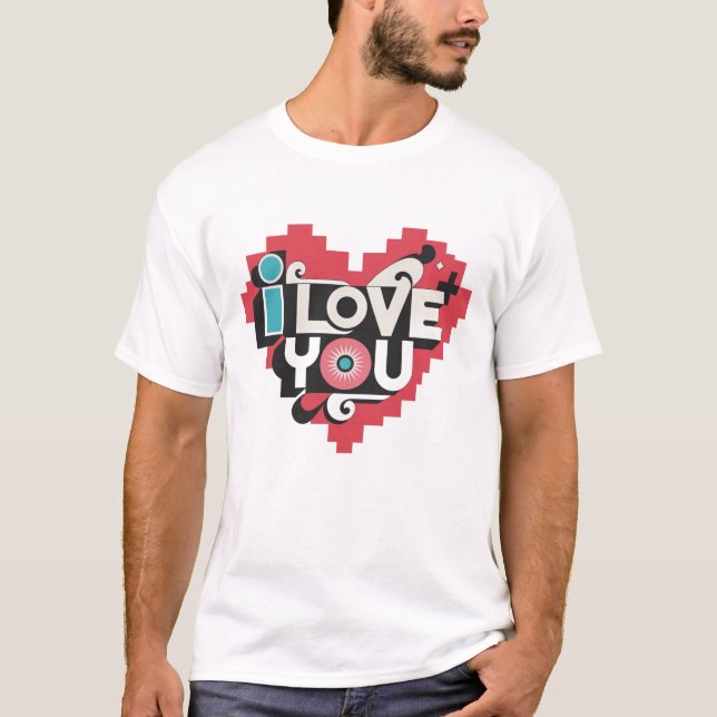 Pixelhjärta Jag älskar dig Retrotypografi T Shirt (Framsida)