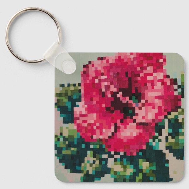 Pixeliserad blomma i levande rosa nyckelring (Framsida)