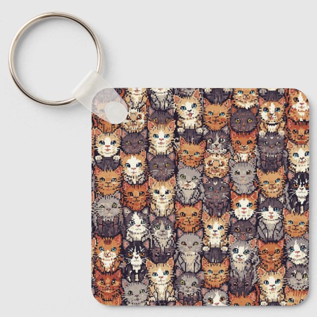 Pixeliserade Digitala Färgglada Katter Nyckelring (Framsida)
