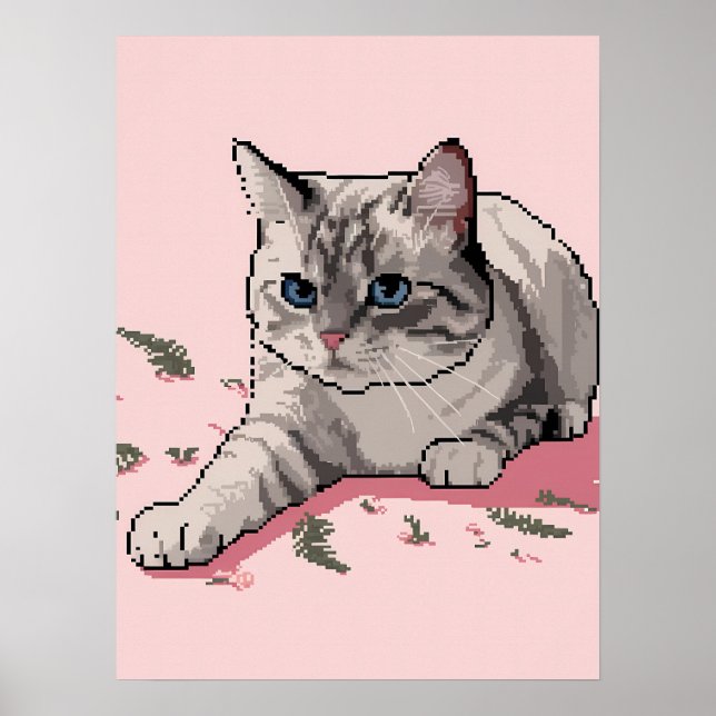 Pixelkonst av grå ragdollkatt med blå ögon poster (Framsidan)
