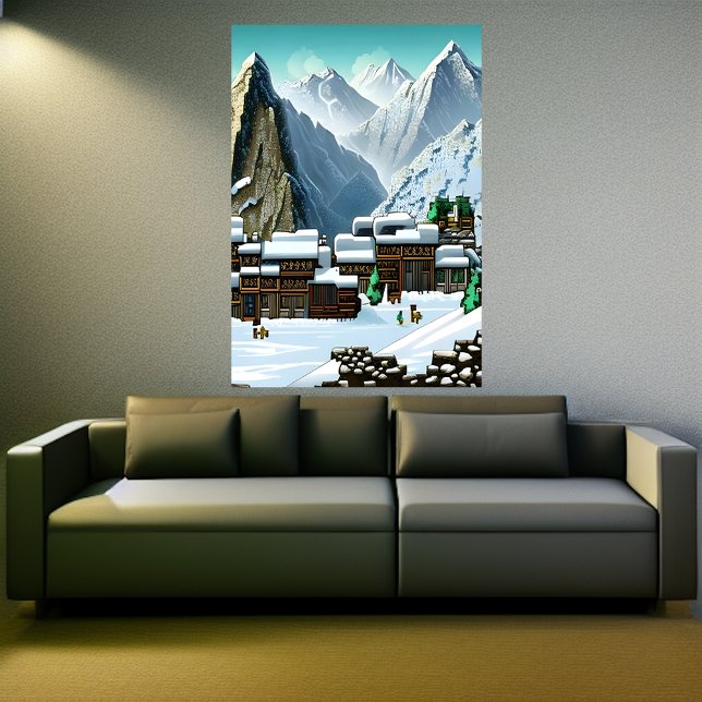 Pixelkonst, bergsbyn i snö | AI Art Poster (Skapare uppladdad)
