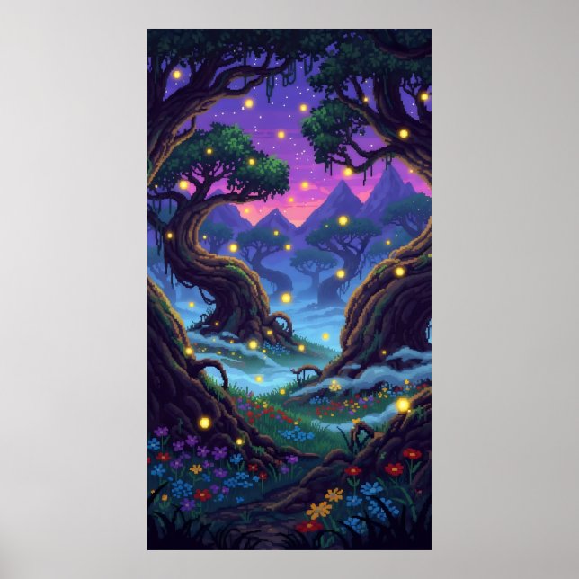 Pixelmagisk skog med blinkande filjon poster (Framsidan)