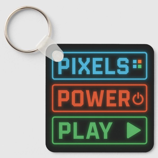 Pixels Power Play Keychain – Retro Gamer Accessory Nyckelring (Framsida)