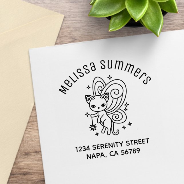 Pixie Cat Fairy Wings Kitten Arch Address Stämpel (Skapare uppladdad)