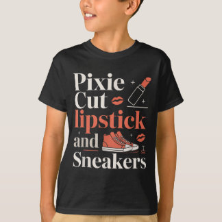 Pixie cut lipstick and sneakers short hair style  t shirt