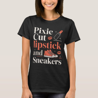 Pixie cut lipstick and sneakers short hair style  t shirt