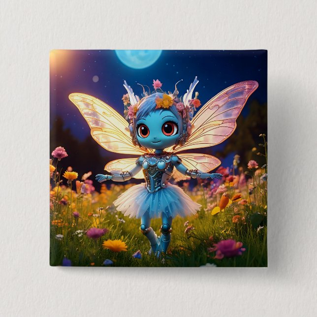 Pixie Robot Ballerina Dansar i Vildblommor Knapp (Framsida)