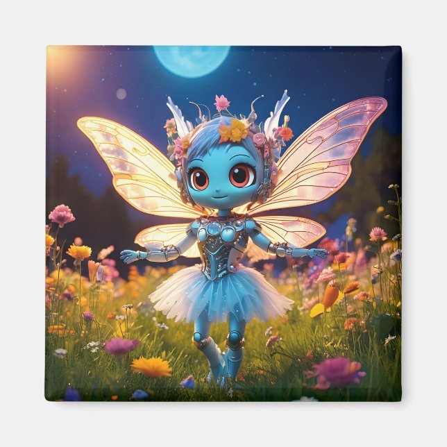 Pixie Robot Ballerina Dansar i Vildblommor Magnet (Framsidan)