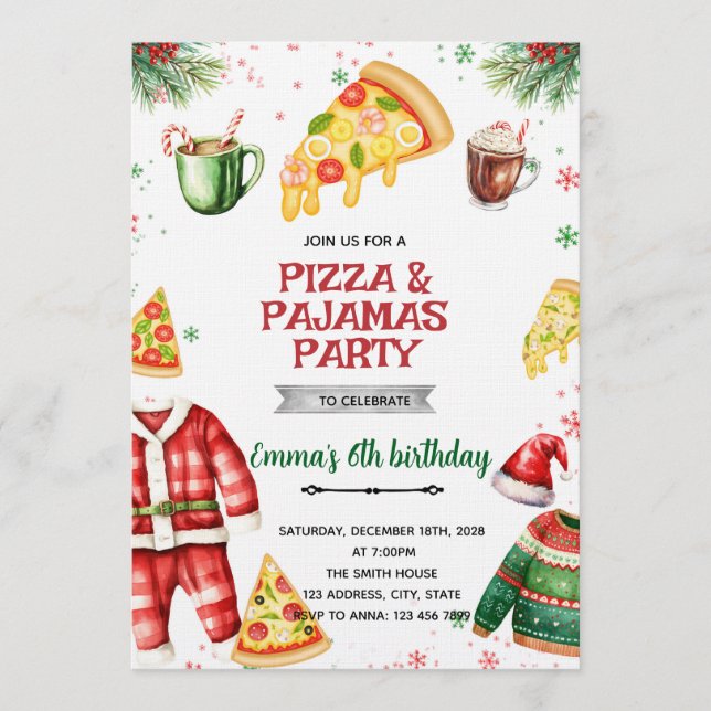 Pizza and Pajamas Christmas Invitation Inbjudningar (Framsida)