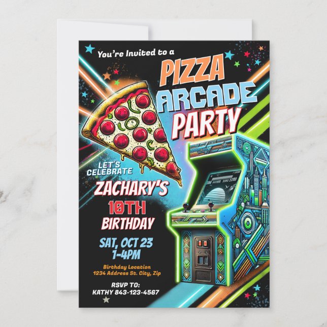 Pizza Arcade Party Inbjudan för barn (Framsida)