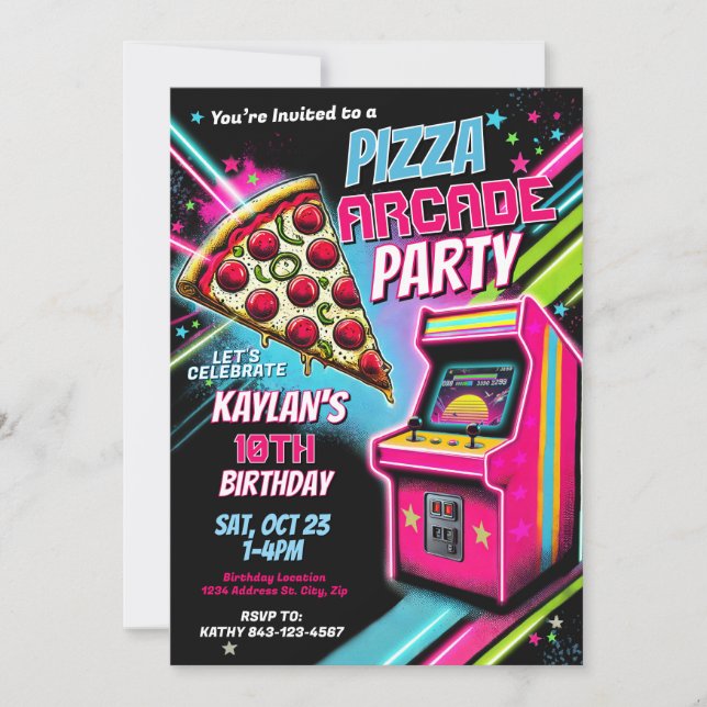 Pizza Arcade Party Inbjudan för barn (Framsida)