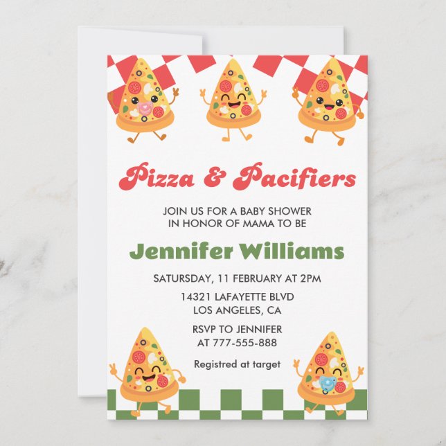Pizza Baby Shower Inbjudningar Pizza och Nappflask (Framsida)