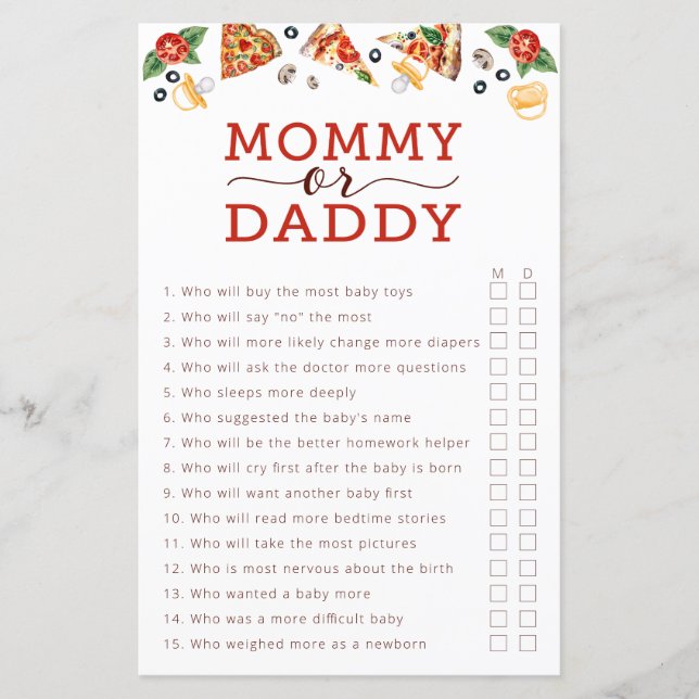 Pizza Baby Shower-spel - Mamma eller pappa Guessin (Framsida)