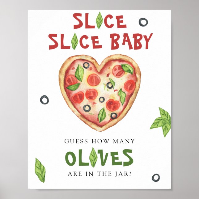 Pizza babydusch - gissa hur många oliver som finns poster (Framsidan)