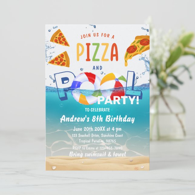 Pizza & Bassäng Party, sommardagen Vatten Inbjudningar (Stående Fram)