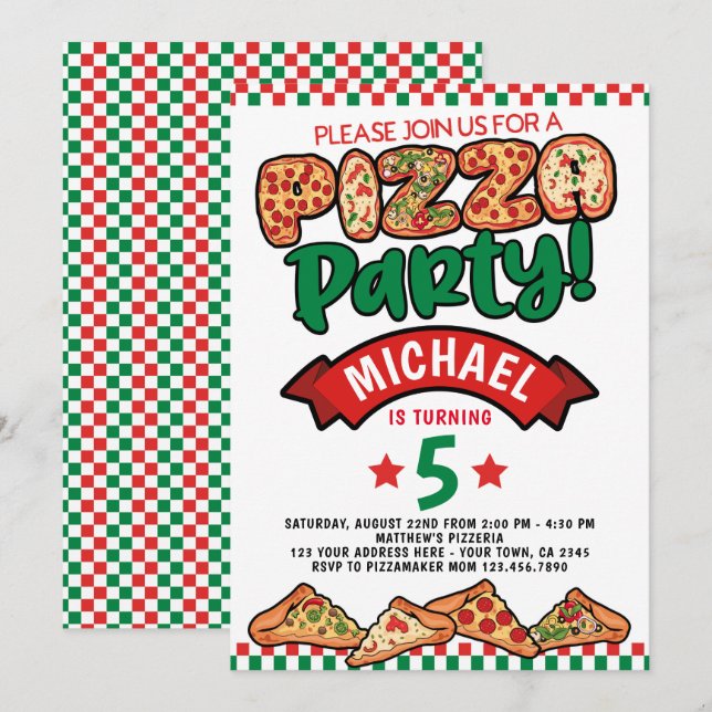 Pizza Birthday Inbjudningar (Fram/baksida)