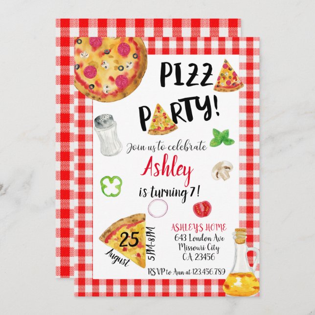Pizza Birthday Invitation, Pizza Invitation Inbjudningar (Fram/baksida)