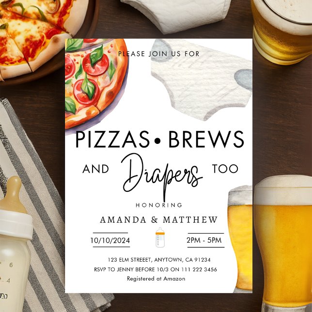 Pizza, Brews & Diaper Avslappnad Par Baby Shower Inbjudningar (Pizza Brews Diapers Casual Couples Baby Shower Invitation)